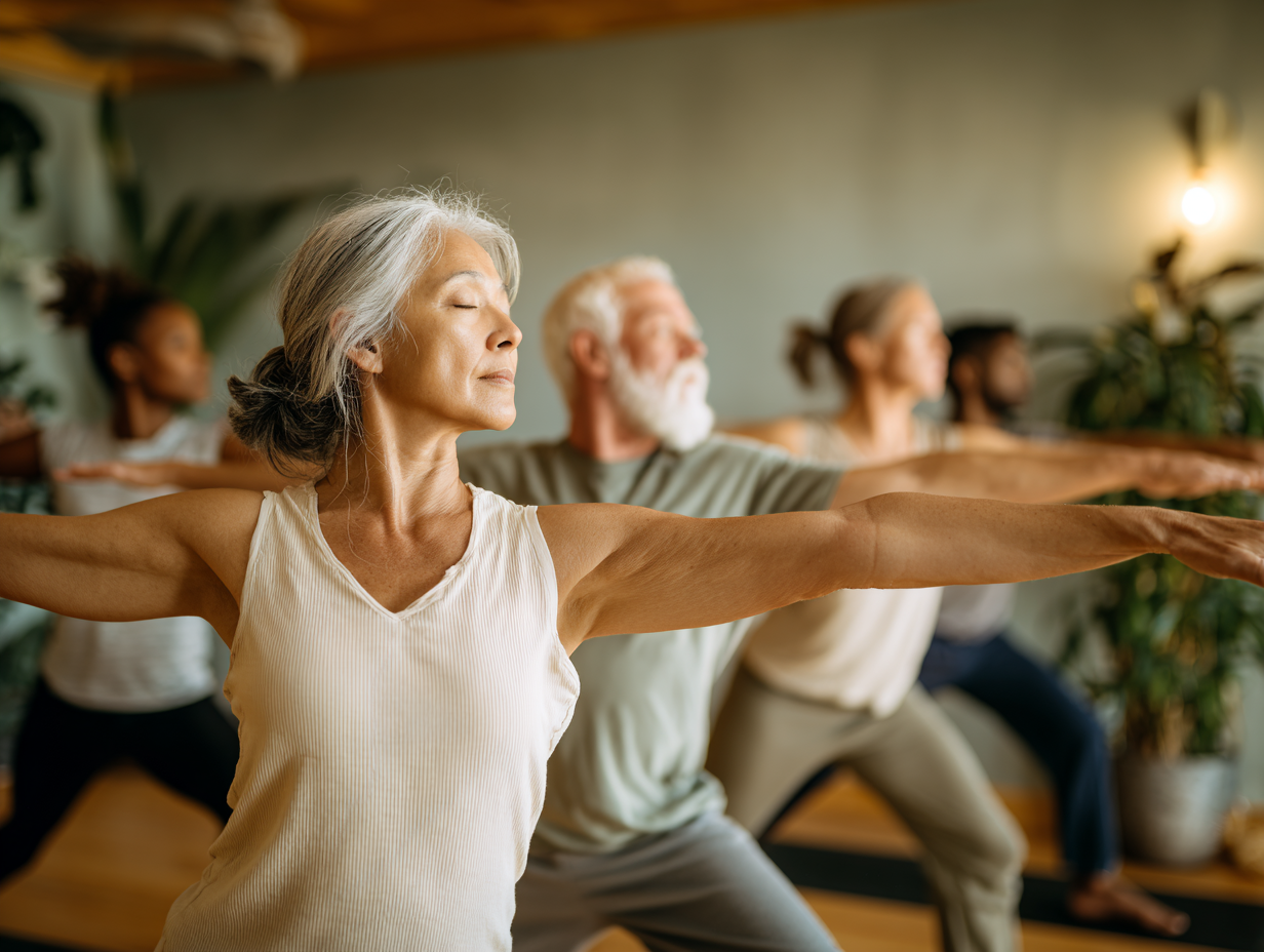 Інструктор йоги допомагає учасникам різного віку виконувати вправи