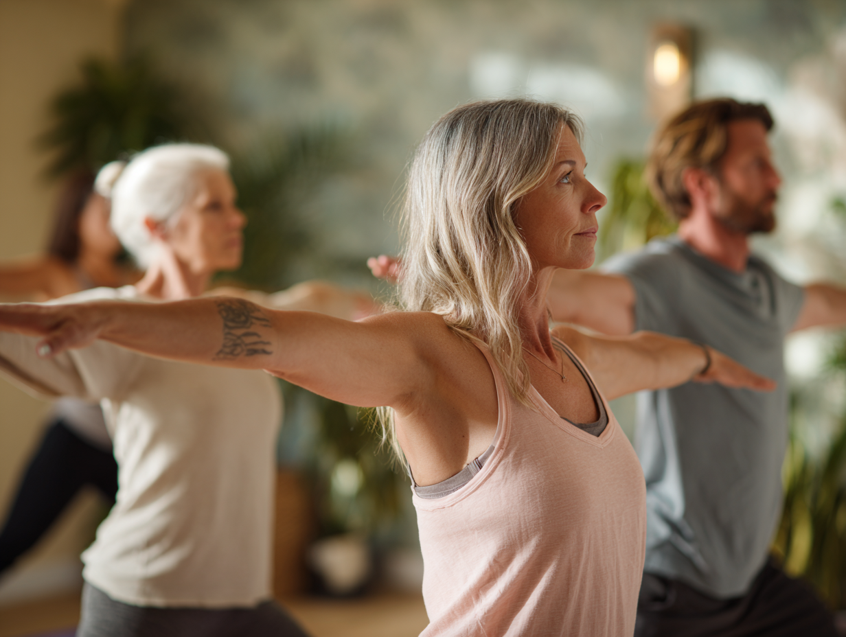 Жінка практикує йогу на природі на світанку